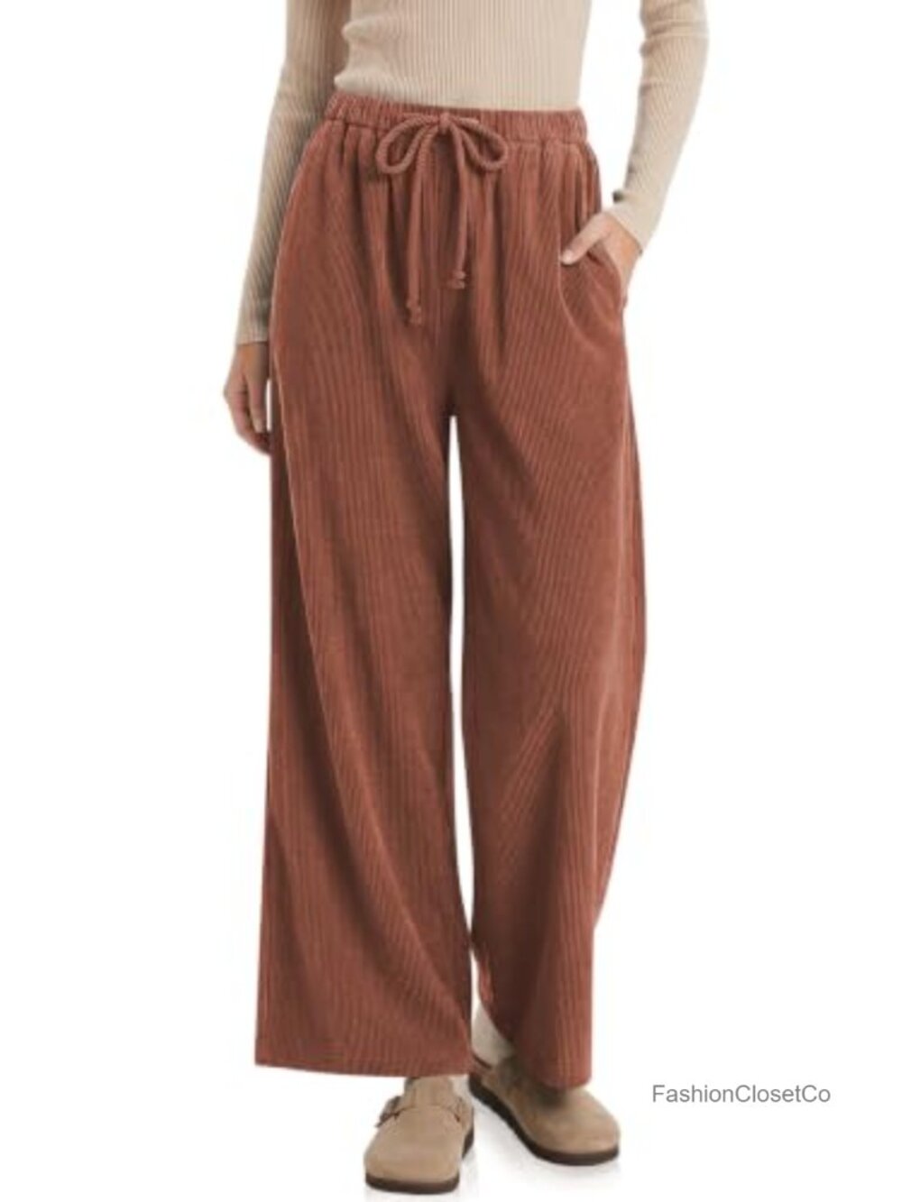 Corduroy Wide Leg Pants High Waisted Drawstring Trousers